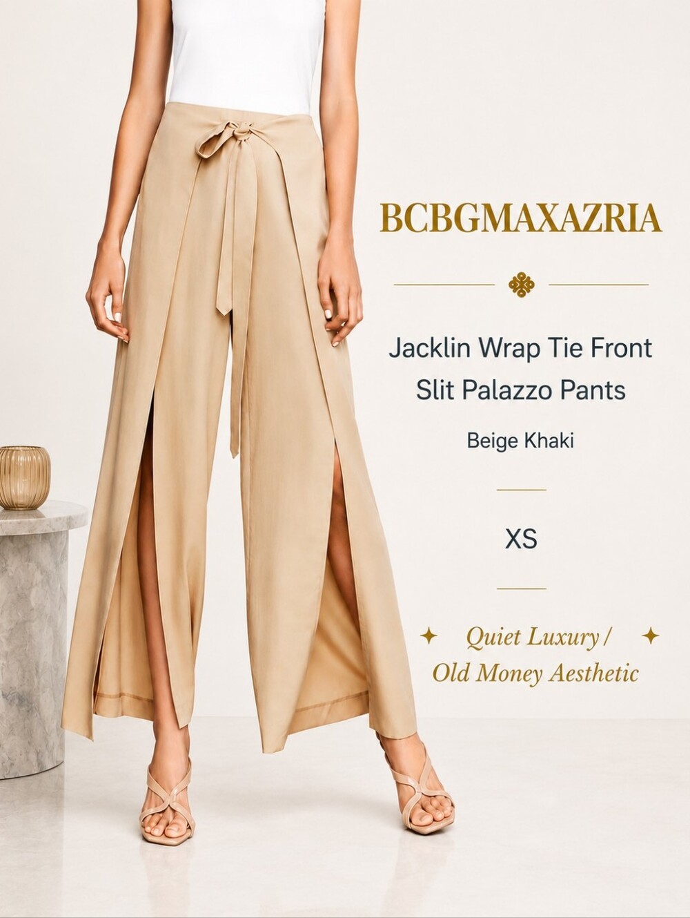 NWOT BCBGMAXAZRIA Jacklin Tie Front Palazzo Pants Beige Khaki Wide Leg Slit | XS